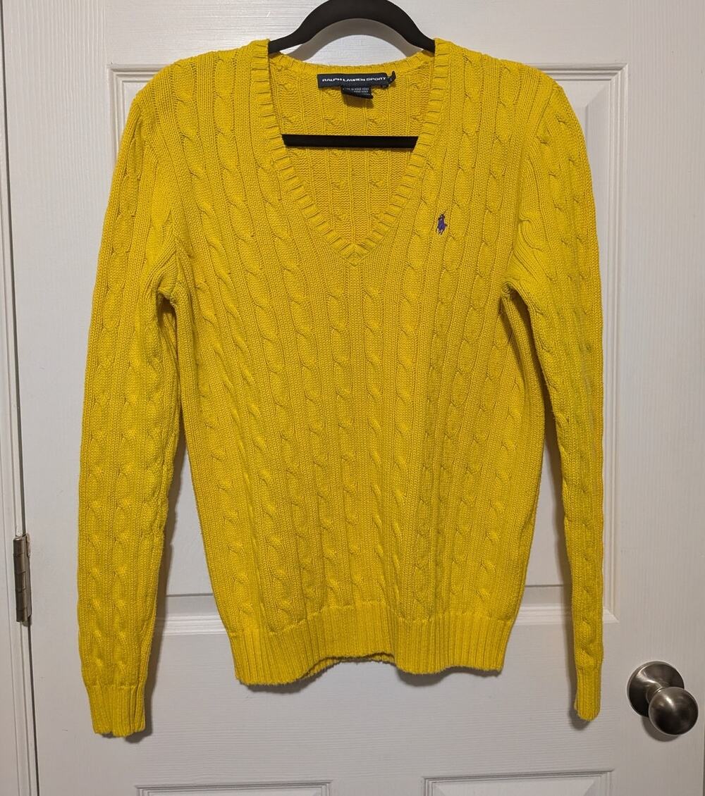 Polo Ralph Lauren Yellow Cable Knit V-Neck Sweater Women's Size Lrg Purple Pony